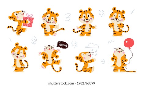 Set of cute little tiger characters with gift box, air balloon, celebrate, jump, stand, smile isolated. Vector flat hand drawn doodle style. For children decor, nursery design, banner, emblem, pattern