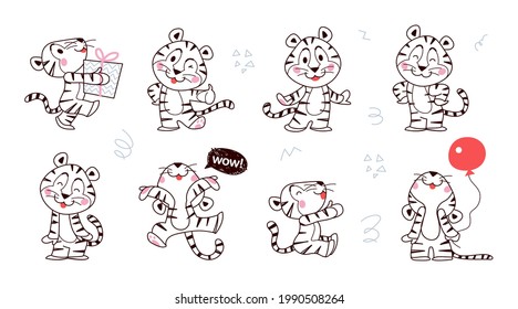 Set of cute little tiger characters with gift box, air balloon, celebrate, jump, stand, smile isolated. Vector outline hand drawn doodle style. Children decor, nursery design, banner, emblem, pattern.