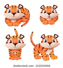 Set of cute little tiger characters with gift box, air balloon, celebrate, jump, stand, smile. Lying tiger, tiger cub with brown stripes, symbol of new 2022 year