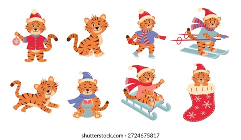 Conjunto de lindos personajes de tigre pequeño en diferentes poses. Personaje de dibujos animados de vacaciones animales. 