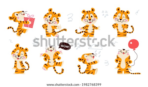 Set of cute little tiger characters with gift\
box, air balloon, celebrate, jump, stand, smile isolated. Vector\
flat hand drawn doodle style. For children decor, nursery design,\
banner, emblem, pattern