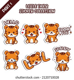 Set of cute little tiger sticker collection hello love thank you cry LOL sorry emoticon