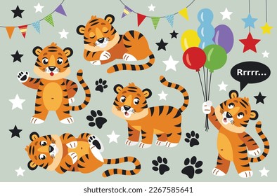 Set of cute little tiger. Stickers with wild animals from jungle or savannah. Character with balloons. Design elements for children decor. Cartoon flat vector collection isolated on gray background
