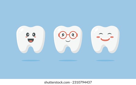 A Set of cute little tooth characters. Vector illustration of cute cartoon teeth with smiling expression and glasses designed in kawaii style. Use for kids medical centre, dentist, poster, banners.