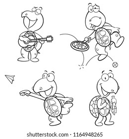 Set Of Cute Little Turtle Characters activities while catch a fish, sing and playing guitar, flying a paper plane, and playing tennis for preschool Kids Coloring Book Cartoon Vector