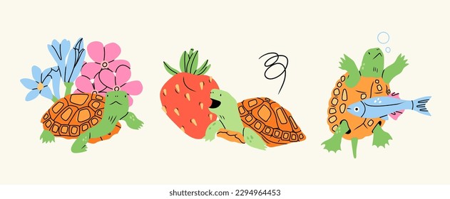 Set of cute little Turtles. Cartoon style characters. Hand drawn Vector illustration. Isolated design elements. Protect and save sea creatures, tortoise, animal world day concept