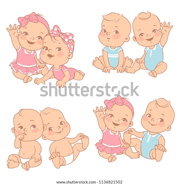set with cute\
little twin babies. Baby shower illustration. Twin girls and boys.\
Different pairs of siblings. Sister and brother sitting waving\
hands. Vector color \
illustration.