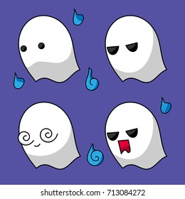 Set of cute little white ghost and blue soul spirit in thin line flat style. Halloween celebration concept. Vector illustration