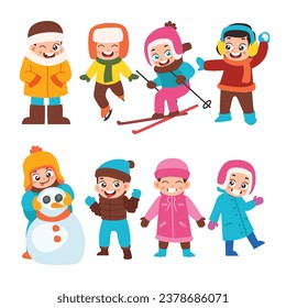 Set of Cute Little Winter Boy Girl Playing Kid Children with Various Different Poses. Activity Isolated Element Objects. Snowman, Ski and Snow ball. Flat Style Icon Vector Illustration