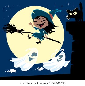 A set of cute little witch flying on a broomstick, black cat on a chimney, a couple of ghosts and the moon. Halloween cartoon vector illustration