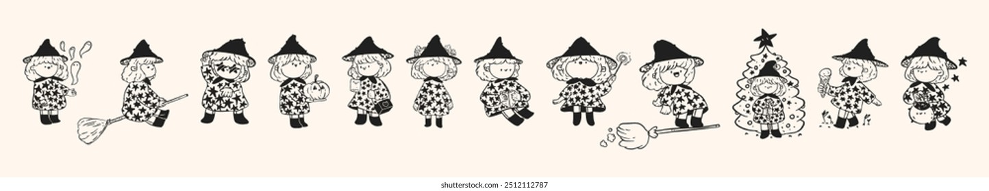 Set of cute little witches in different poses and moods. Trendy vector illustration.