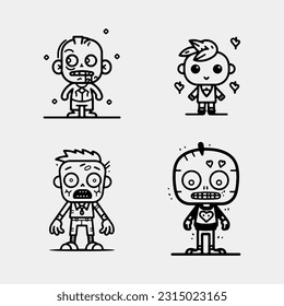 Conjunto de pequeños zombis bonitos aislados en un fondo blanco. Hombres y mujeres zombis al estilo de las caricaturas. Ilustración del vector