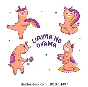 Set of cute llama alpaca. Cartoonish animals with rainbow. Good for Family look prints, shirt designs, stickers etc. Popular lettering phrase No drama. Vector illustrations