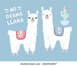 A set with cute llama animals on a colored background. Vector illustration for printing on fabric, packaging paper, clothing. Cute children's background