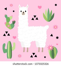 Set of cute llama and cactus. Vector cartoon white alpaca.