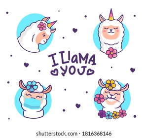 Set of cute llama. Cartoonish animals with flowers, mask. Good for Family look prints, t-shirt designs, stickers, ads, posters, etc. Popular lettering phrase No problama. Vector illustrations