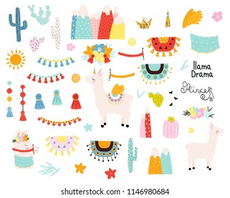 Set of cute llama elements and cactus. Vector hand drawn illustration.