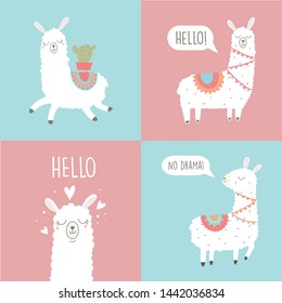 Set of Cute Llama Illustrations. Cute alpaca cartoon character. Can be used for card design, greeting or invitation card, nursery, and other. 