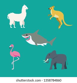Set Cute of llama, kangaroo, shark, flamingo, elephant with cartoon flat style