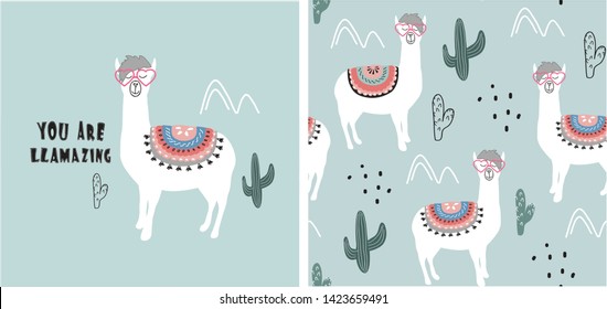 set of cute llama print and seamless pattern with llamas. vector illustration