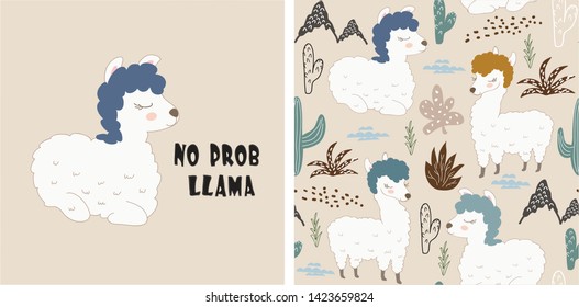 set of cute llama print and seamless pattern with llamas. vector illustration