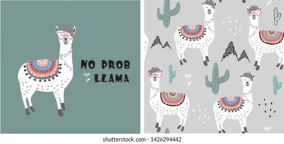 set of cute llama print and seamless pattern with llamas. vector illustration