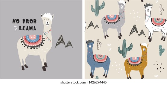 set of cute llama print and seamless pattern with llamas. vector illustration