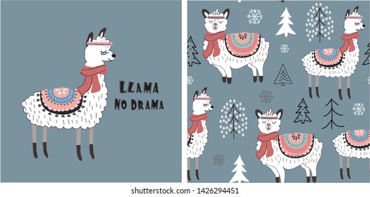 set of cute llama print and seamless pattern with llamas. vector illustration