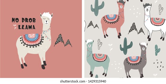 set of cute llama print and seamless pattern with llamas. vector illustration