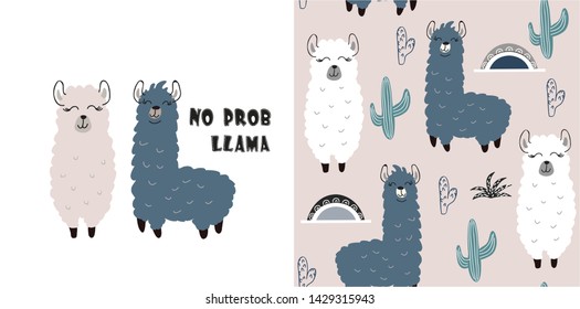 set of cute llama print and seamless pattern with llamas. vector illustration