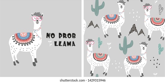 set of cute llama print and seamless pattern with llamas. vector illustration