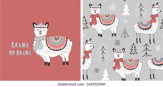 set of cute llama print and seamless pattern with llamas. vector illustration