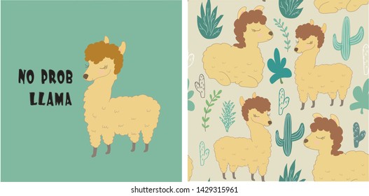 set of cute llama print and seamless pattern with llamas. vector illustration