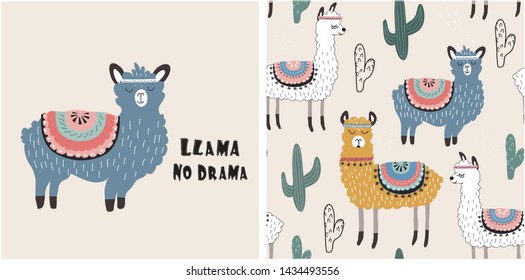 set of cute llama print and seamless pattern with llamas. vector illustration