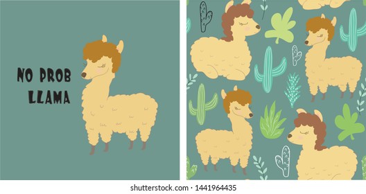 set of cute llama print and seamless pattern with llamas. vector illustration