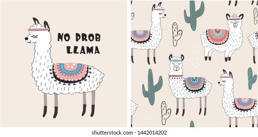 set of cute llama print and seamless pattern with llamas. vector illustration