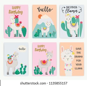 set of cute llama in the wild. Hand drawn art. Design for card, sticker , fabric textile, t shirt. 