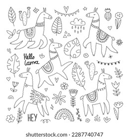 Set of cute llamas, alpacas, cacti, tropical plants and scandinavian elements. Vector funny doodle style hand drawn illustration isolated on white background for your design