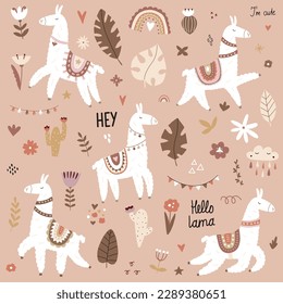 Set of cute llamas, alpacas, cacti, tropical plants and scandinavian elements. Vector funny boho style hand drawn illustration for your design