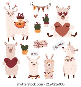 Set of cute llamas and alpacas. Illustration for greeting cards, Valentine's invitations and t-shirts