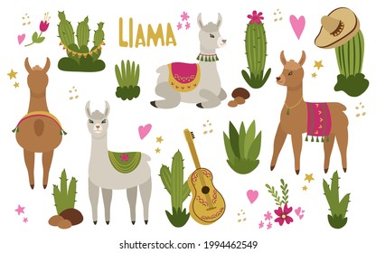 A set of cute llamas or alpacas with Mexican style cacti. isolated illustration on a white background. For the nursery. Prints on fabric, on paper.