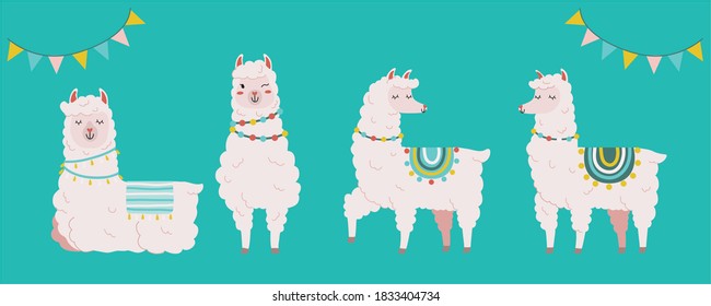 Set of cute llamas, alpacas. Seamless pattern. Vector funny cartoon hand drawn illustration 