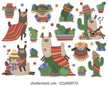 Set of cute llamas and cactuses. Alpaca wearing flower wreath, hat and ornate textile. Cartoon vector illustation. Isolated on white