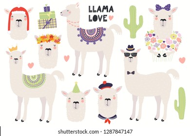 Set of cute llamas, in a crown, autumn leaves wreath, party hat, sailor cap, with flowers. Isolated objects on white. Hand drawn vector illustration. Scandinavian style flat design. Concept kids print