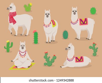 Set of cute llamas in different poses, in scarf and in yoga pose, lotus pose, desert with cactus, vector illustration
