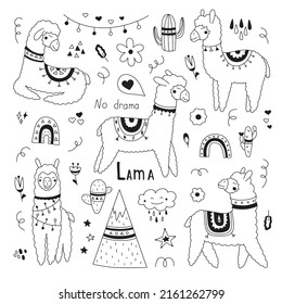 Set with cute llamas in different poses. Vector illustration in scandinavian style isolated on white background for your design