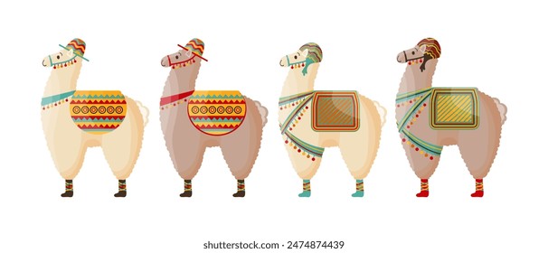 Conjunto de lindas llamas en un sombrero con una silla de montar, alpaca mexicana. Símbolo de México y Perú, Vector