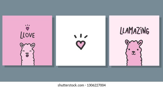 Set of cute llamas Valentine`s cards