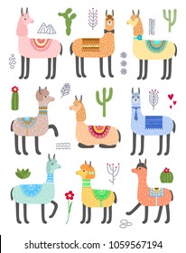 Set of cute llamas. Vector animal illustration. Alpacas and cacti.