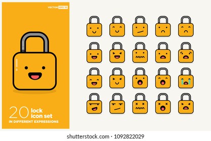 Set of Cute Lock Emoji Line Icons In Different Expressions